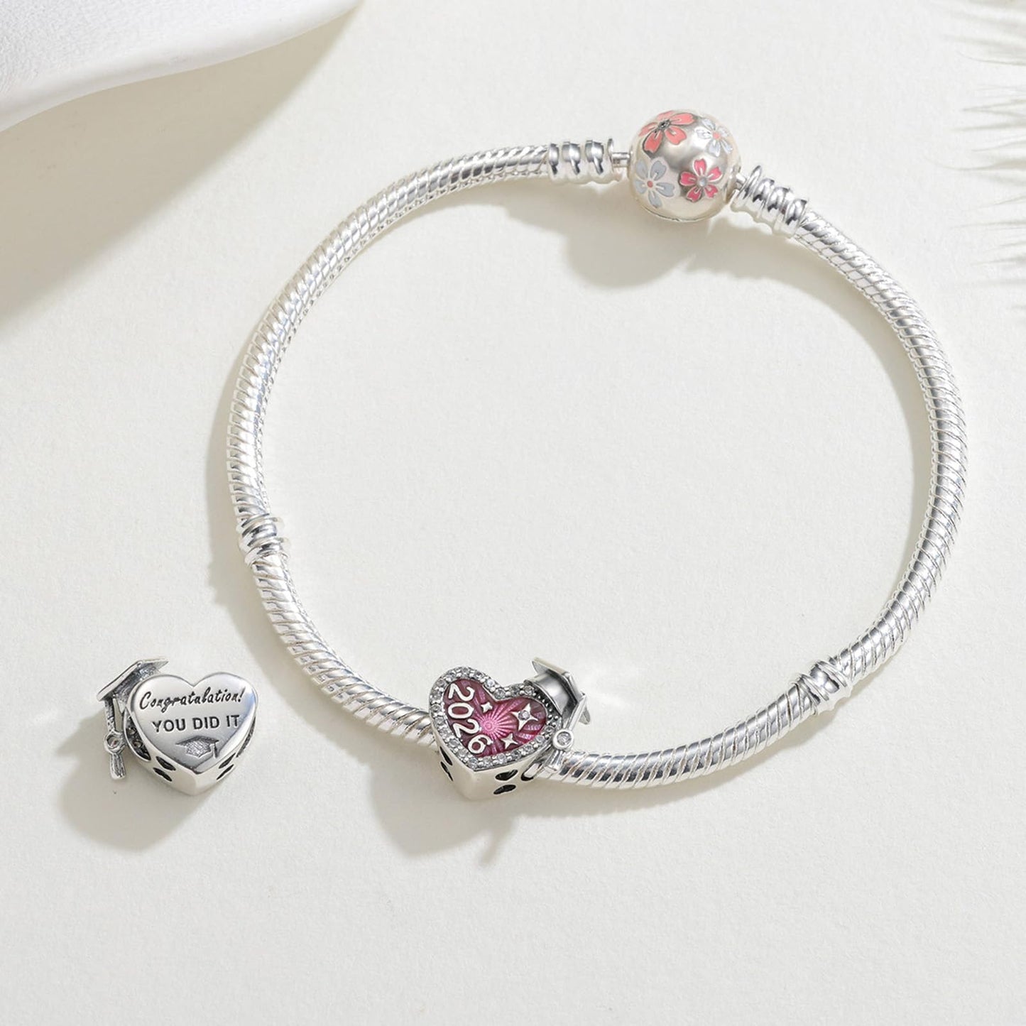KEQ 2026 Graduation Cap Charms for Pandora Bracelets Necklace 925 Sterling Silver Bead for Daughter Granddaughter Graduation Pedant with 5A Cubic BBF Christmas Gift (Pink)