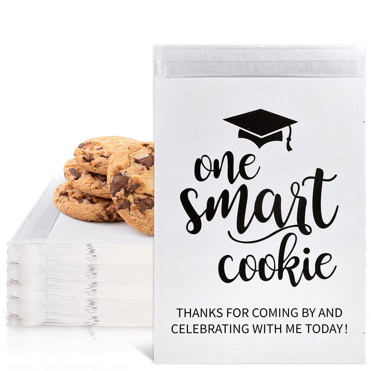 Whaline 100 Pack 2026 Graduation Candy Cookie Gift Bags One Smart Cookie Self-Adhesive Buffet Treat Bag Congrats Grad White Kraft Paper Treat Gift Bags for Graduation Party Decoration Supplies