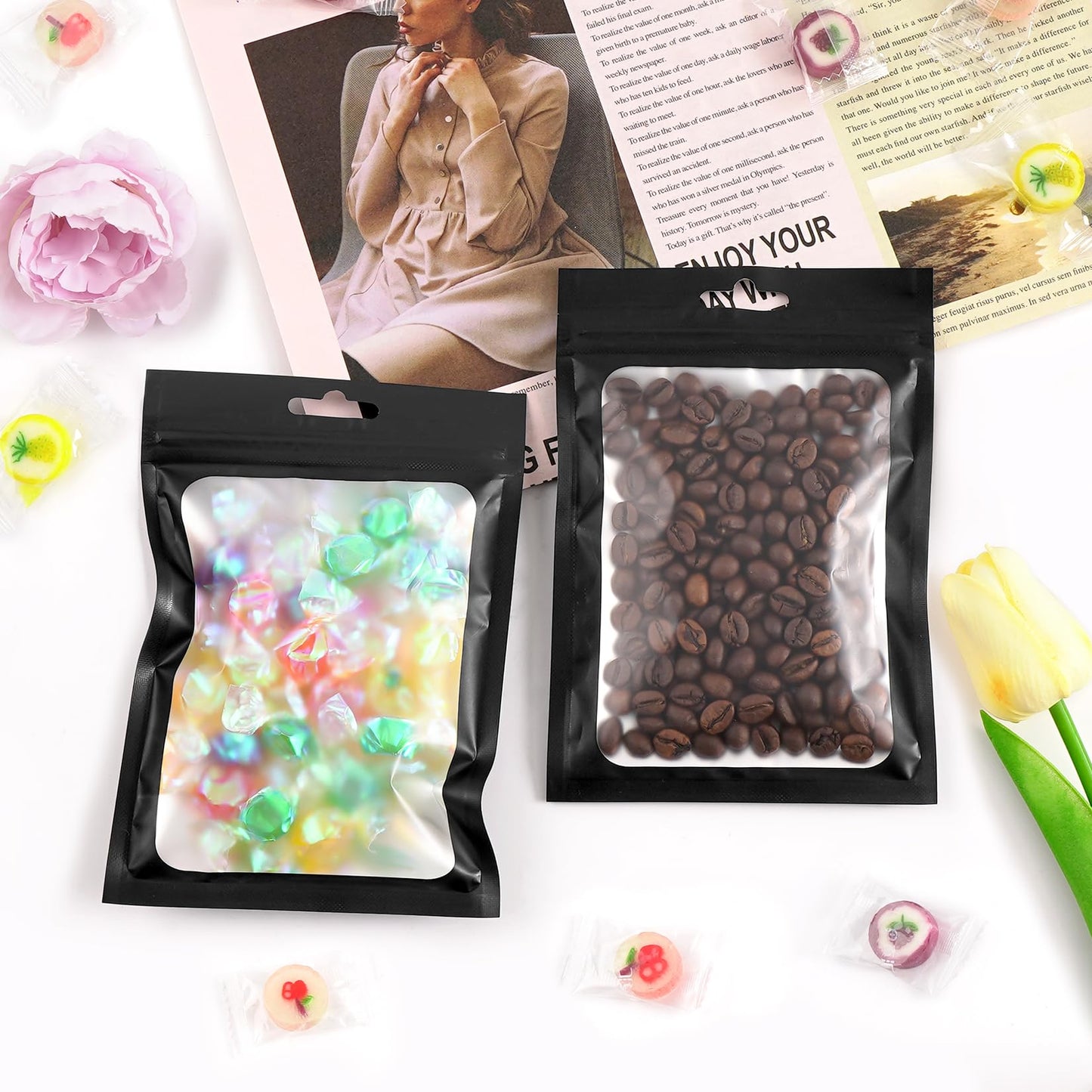 Funfery 300 Pack Smell Proof Resealable Bags for Food Storage,Mylar Clear Bags 4x6 Black Packaging Bag- Edibles,Odorless Scent Proof Bag for Cookies, Zip Foil Pouch for Small Business, trading card