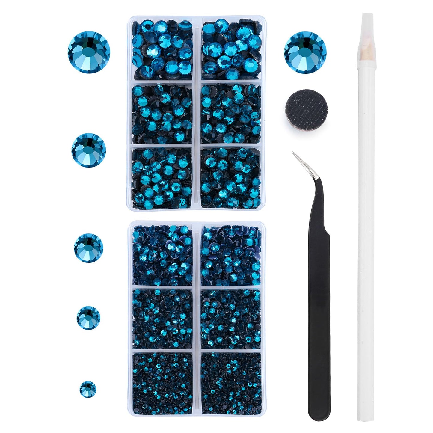 MEIBITE 6796PCS Blue Zircon Hotfix Rhinestones Crystal Stones Glass for Fabric Clothes Shirts Sparkly Flat Back Round with Tweezers and Picking Pen (SS6~SS30 Set)