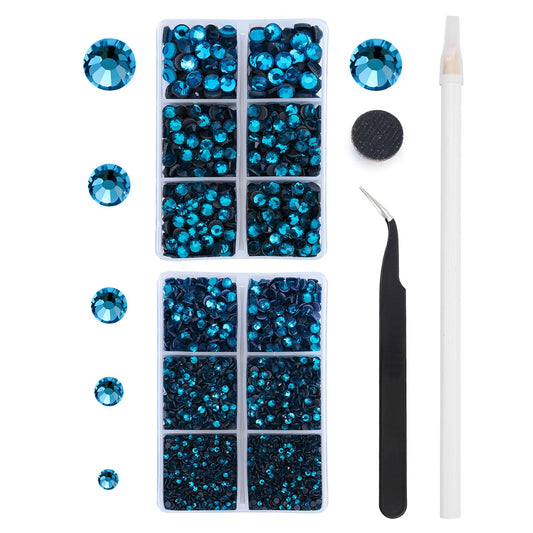 MEIBITE 6796PCS Blue Zircon Hotfix Rhinestones Crystal Stones Glass for Fabric Clothes Shirts Sparkly Flat Back Round with Tweezers and Picking Pen (SS6~SS30 Set)