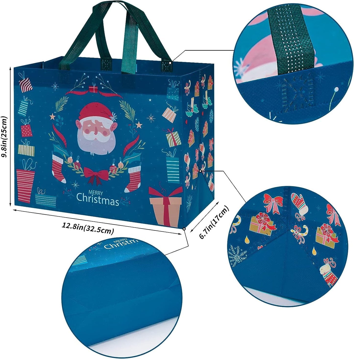 12 Pack Christmas Gift Bags Large Reusable Tote Bags, Non-Wove Bags for New Year's Shopping, Christmas Surprise, Xmas Party Supplies,12.8"×9.8"×6.7"