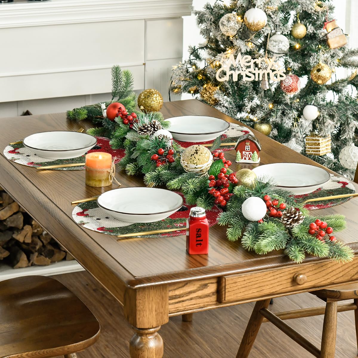 Snowman Trees Snowflakes Christmas Round Placemats Set of 4, 14 Inch Winter Round Table Mats for Dining Decoration