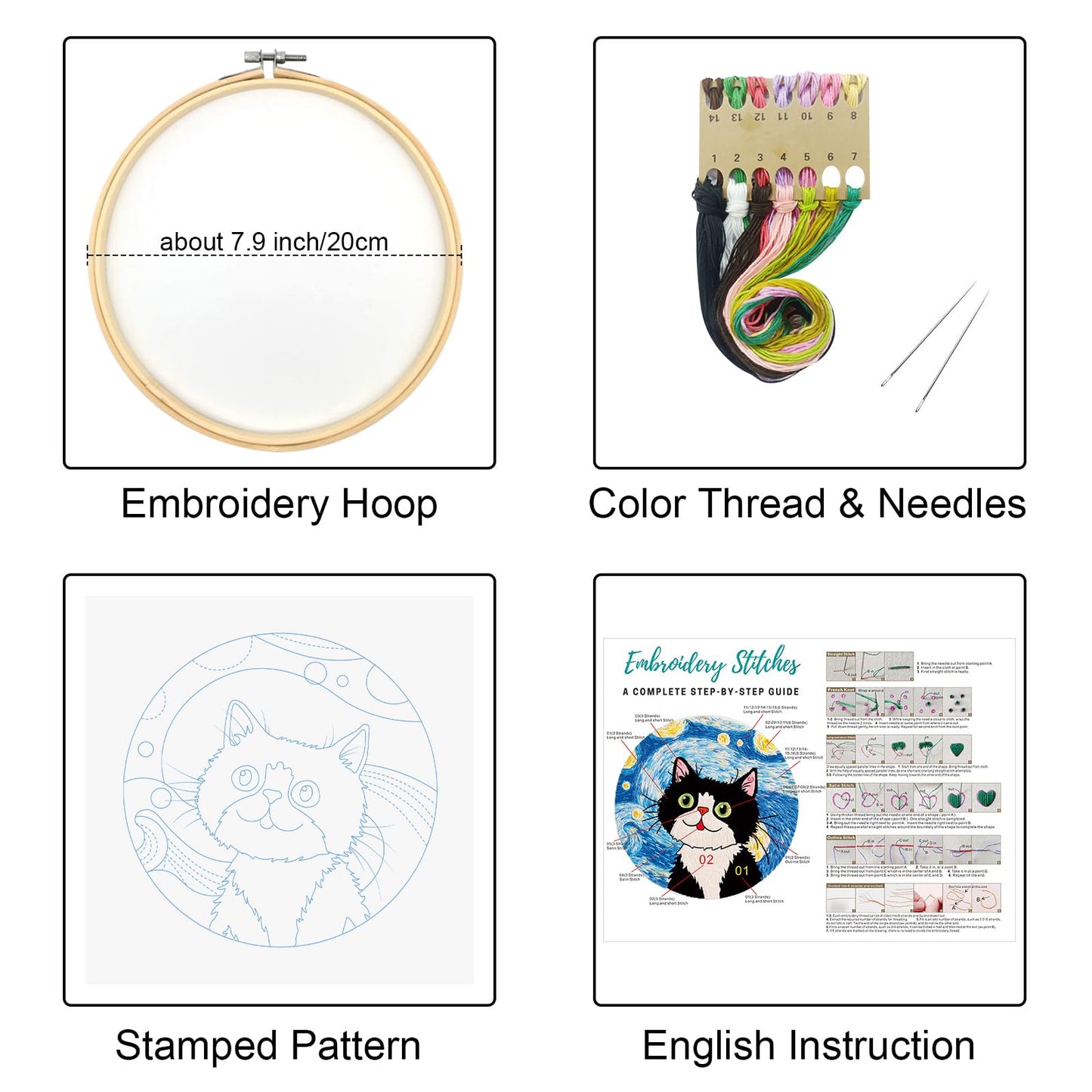 Louise Maelys Cat Starry Sky Embroidery Kits for Beginners with Floral Pattern,Adults Starter Cross Stitch Kit DIY Needlepoint