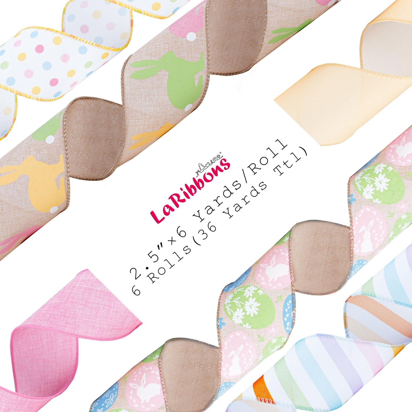 Easter Ribbon Wired 6 Rolls 2.5 Inch x 36 Yards TTL, Eggs and Bunny Easter Ribbons for Baskets, Striped and Polka Dot Wide Ribbons for Crafts Spring Wreath Gift Wrapping Bow Decoration