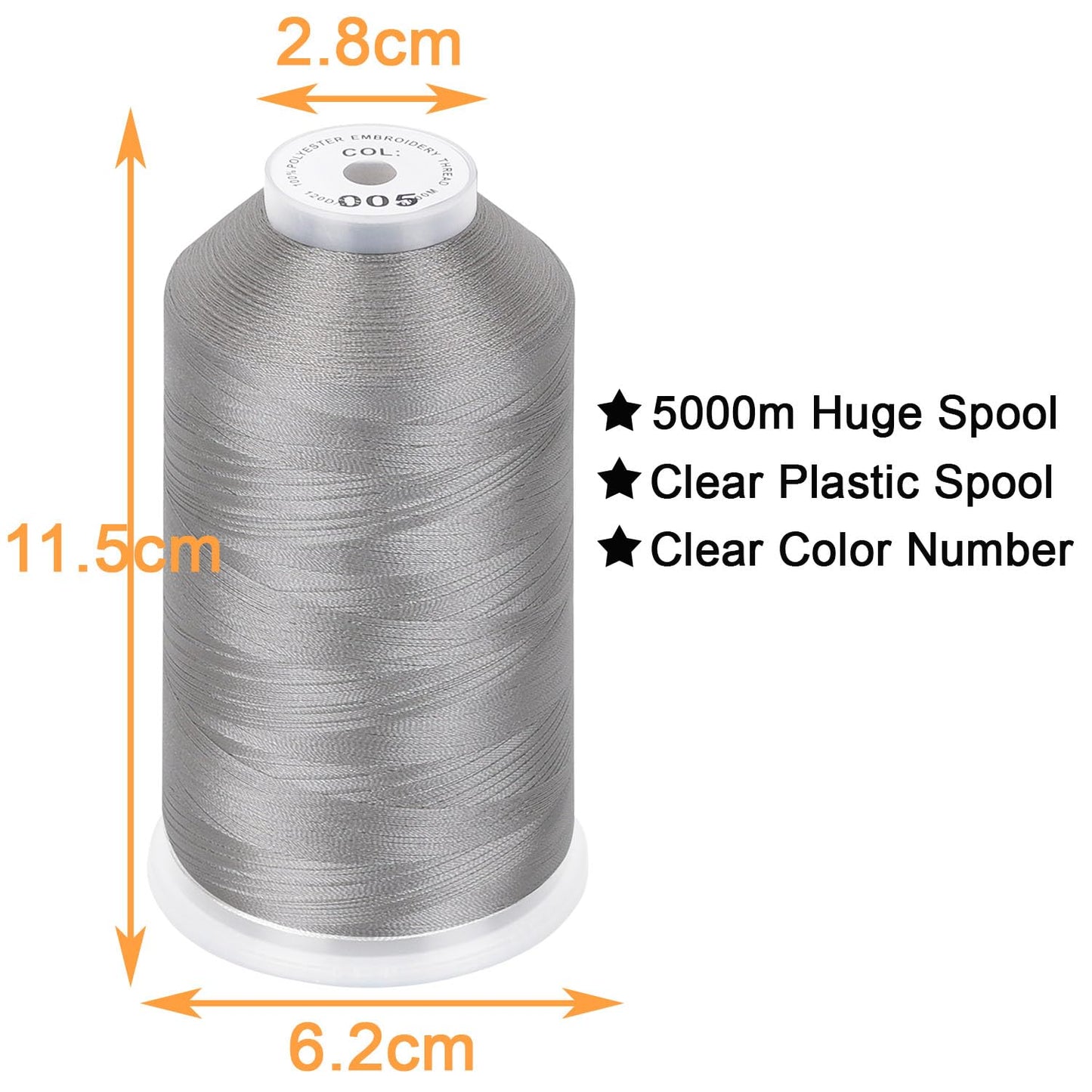 Single Huge Spool 5000M Each Polyester Embroidery Machine Thread 40WT for Commercial and Domestic Machines - Silver
