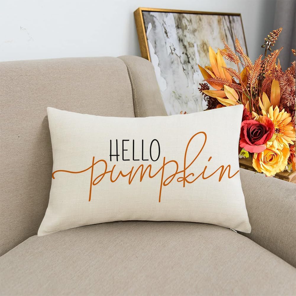 Fall Pillow Covers 12x20 Inch,Autumn Hello Pumpkin Pillows Decorative Throw Pillows,Lumbar Outdoor Thanksgiving Cushion Cover Farmhosue Fall Decor for Bedroom Couch Sofa White