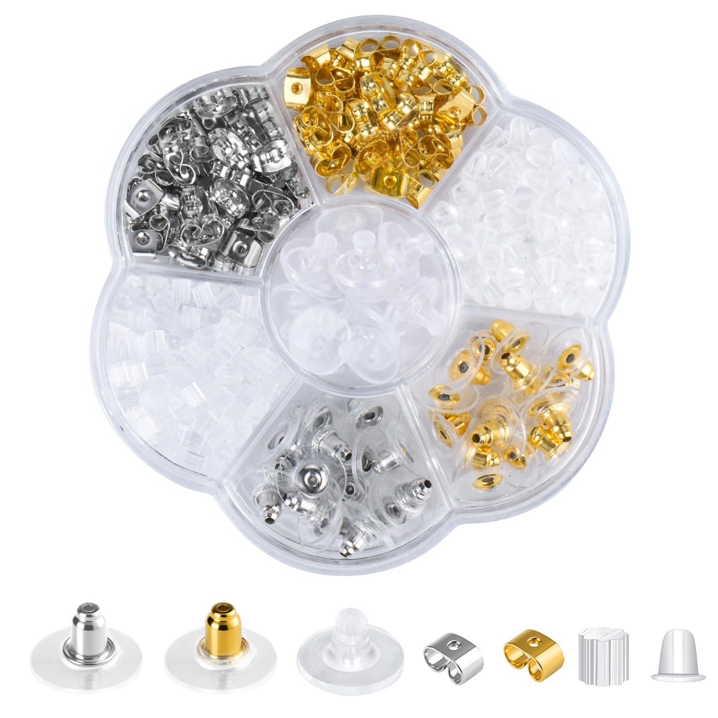 7 Styles Silicone Earring Backs Replacements for Studs/Droopy Ears/Heavy Earring,550Pcs Metal Clear Hypoallergenic Plastic Rubber Backings Clutch Stoppers for Fish Hook Studs Hoops
