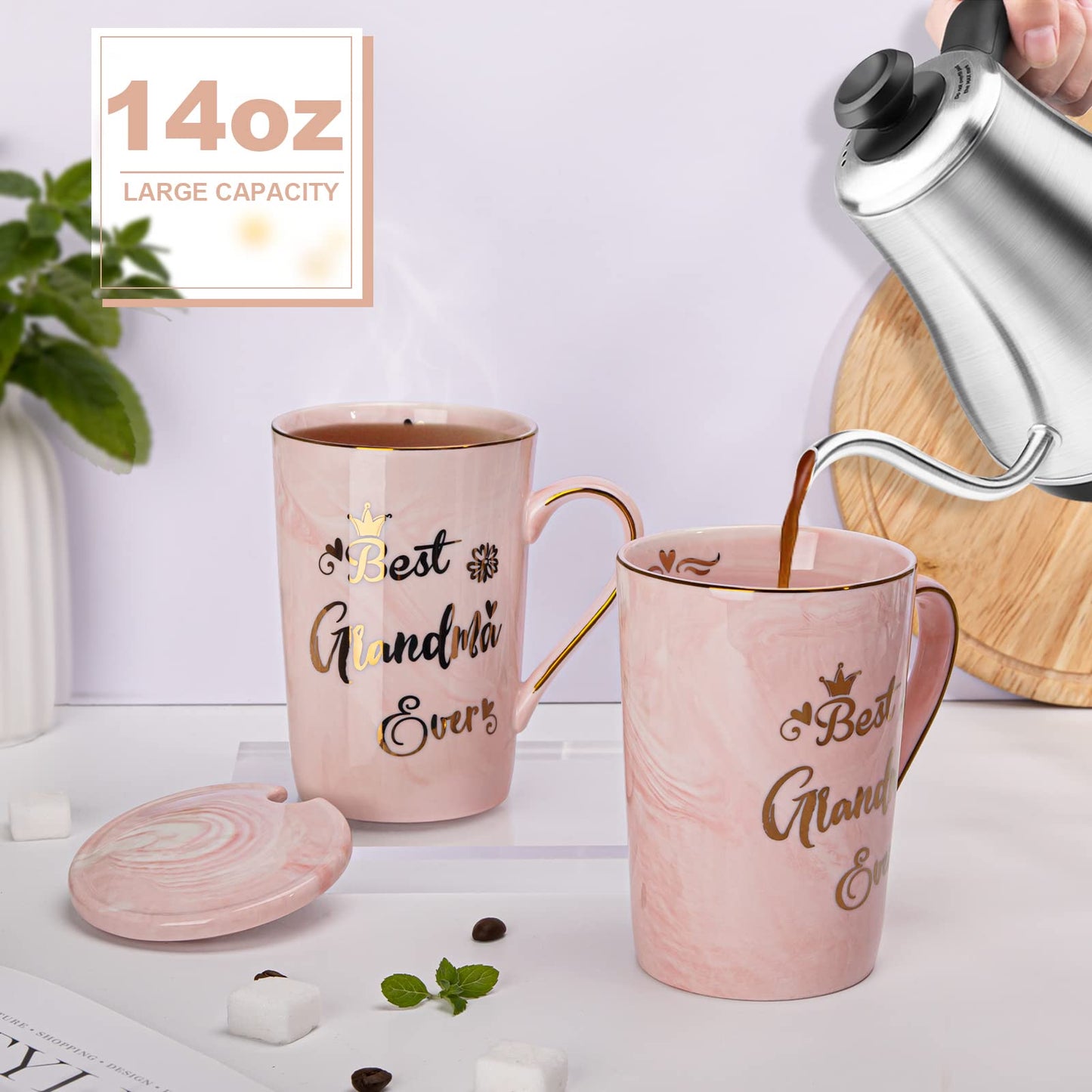 Doublewhale Grandma Gifts for Grandma, Mothers Day Birthday Gift for Grandmother from Granddaughter Grandson - 14Oz Pink Marble Ceramic Coffee Mugs Print with Real Gold - Lid Spoon Card, Box