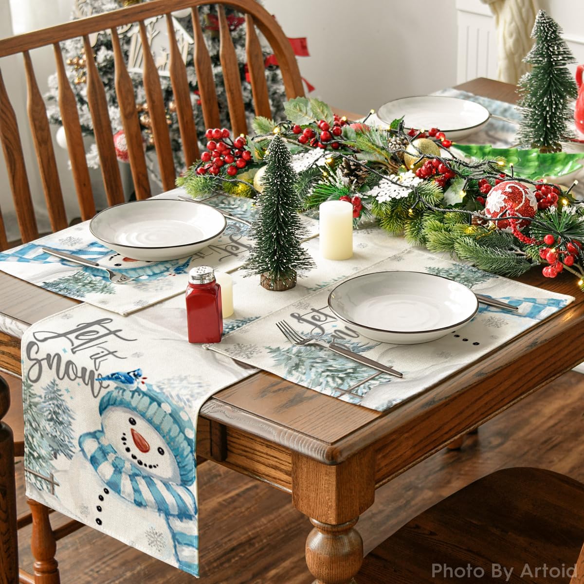 Xmas Trees Let It Snow Blue Snowman Christmas Placemats Set of 4, 12x18 Inch Winter Table Mats for Party Kitchen Dining Decoration