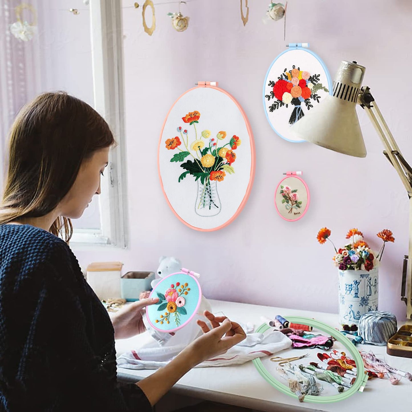 3 Pcs 3 Size Oval Embroidery Hoops, ABS Plastic Embroidery Hoops Cross Stitch Hoops Embroidery Frames for Sewing, Needlework, Embroidery Projects (Size-7.5", 5.7",3.9")