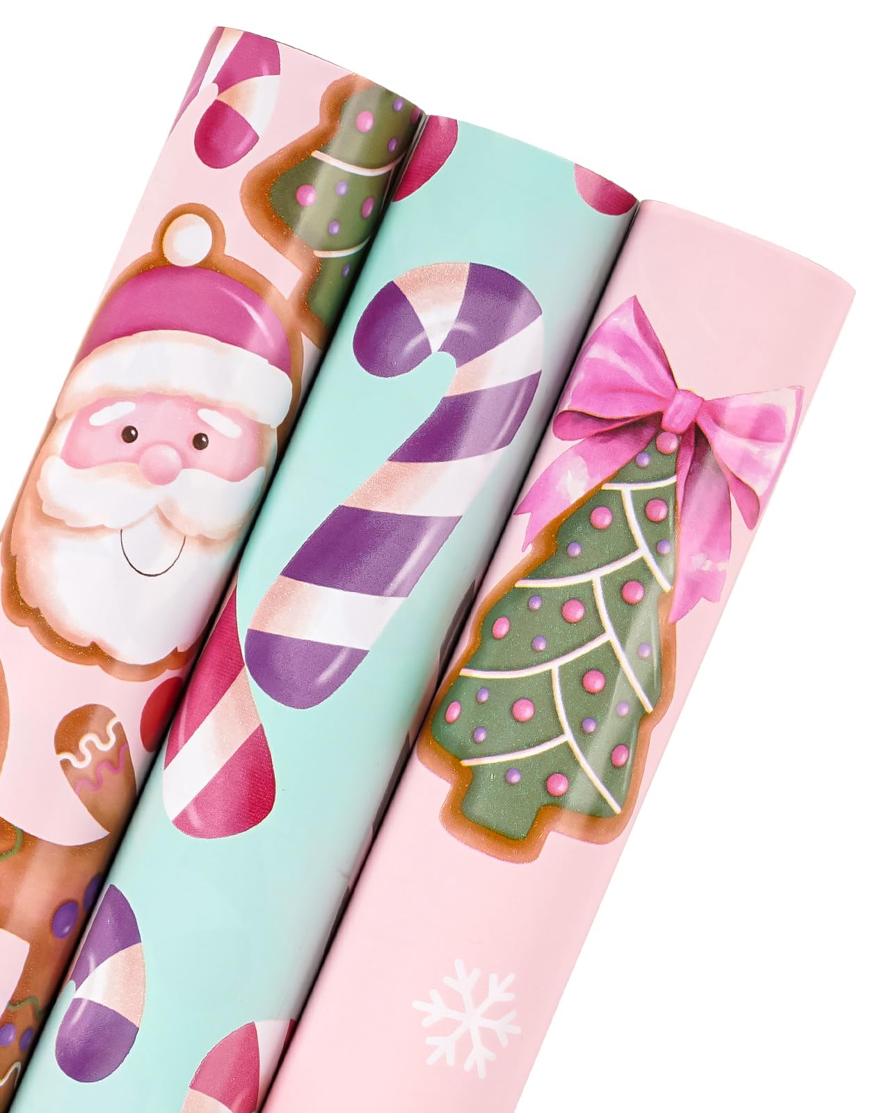 Christmas Wrapping Paper Roll - Mini Roll - 3 Rolls - 17 Inch x 120 Inch Per Roll - Pink & Blue Gingerbread Wrapping Paper Holiday Collection for Xmas Holiday, Party Celebration