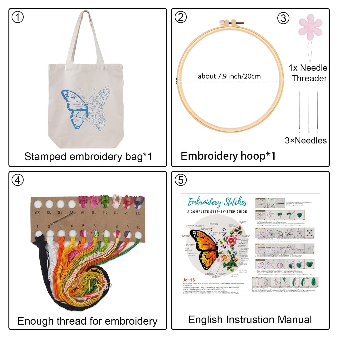 Embroidery Kit Canvas Tote Bag for Beginners,Cross Stitch Kits for Adults,DIY Needlepoint with Butterfly Floral Pattern,Women Shopping Reusable Grocery Bags