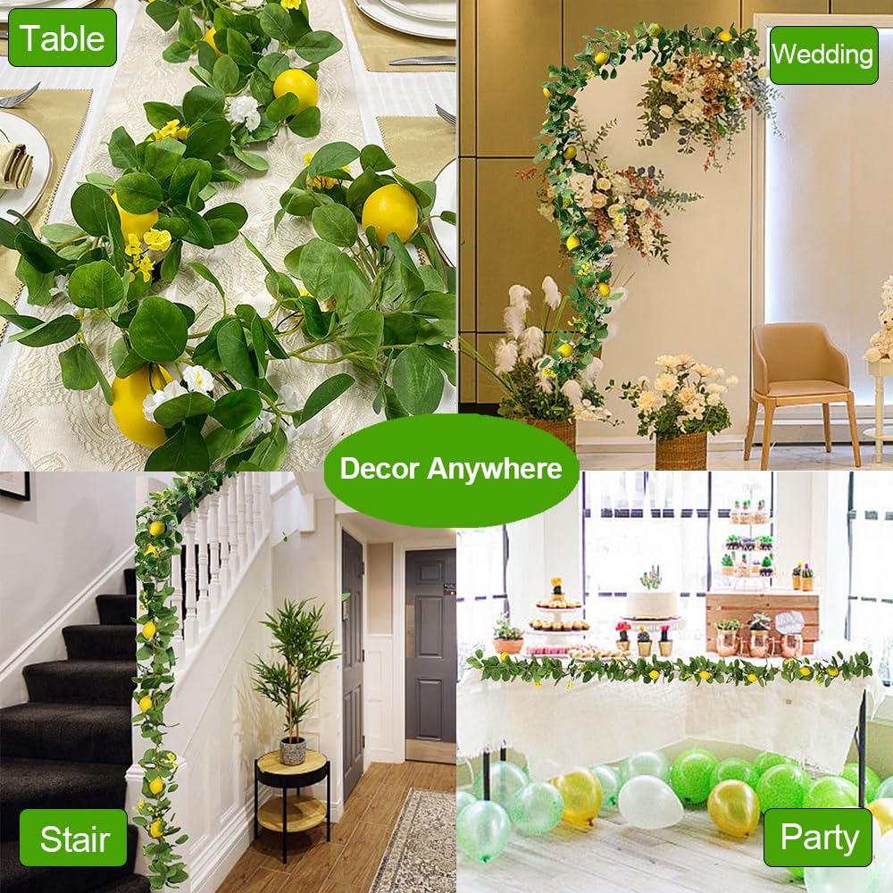 Upgraded Dense Artificial Lemon Garland with Lights Spring Summer Greenery Lemon Vine Plants Faux Fruit Cute Flowers Hanging Wreath for Wedding Home Garden Mantel Table Party Christmas Decor