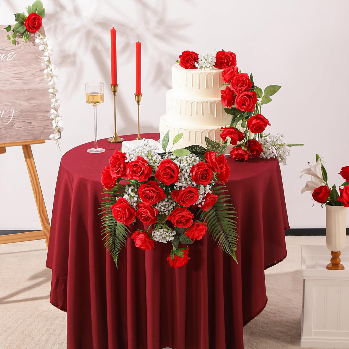 FLORRALIA Red Fake Roses Artificial Flowers - 10 Pcs Fake Artificial Roses Silk Flowers with Stems for Home Wedding Hotel Office Centerpiece Decor