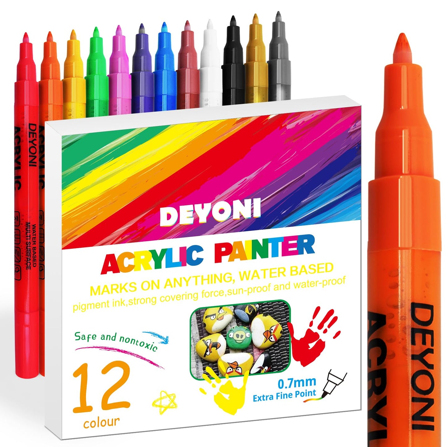 DEYONI 12 Colors Acrylic Paint Pens for Kid 0.7mm, Extra Fine Paint Pens Acrylic Markers Canvas, Rock Painting, Wood, Fabric, Ceramic, Stone, Metal, Art Supplies