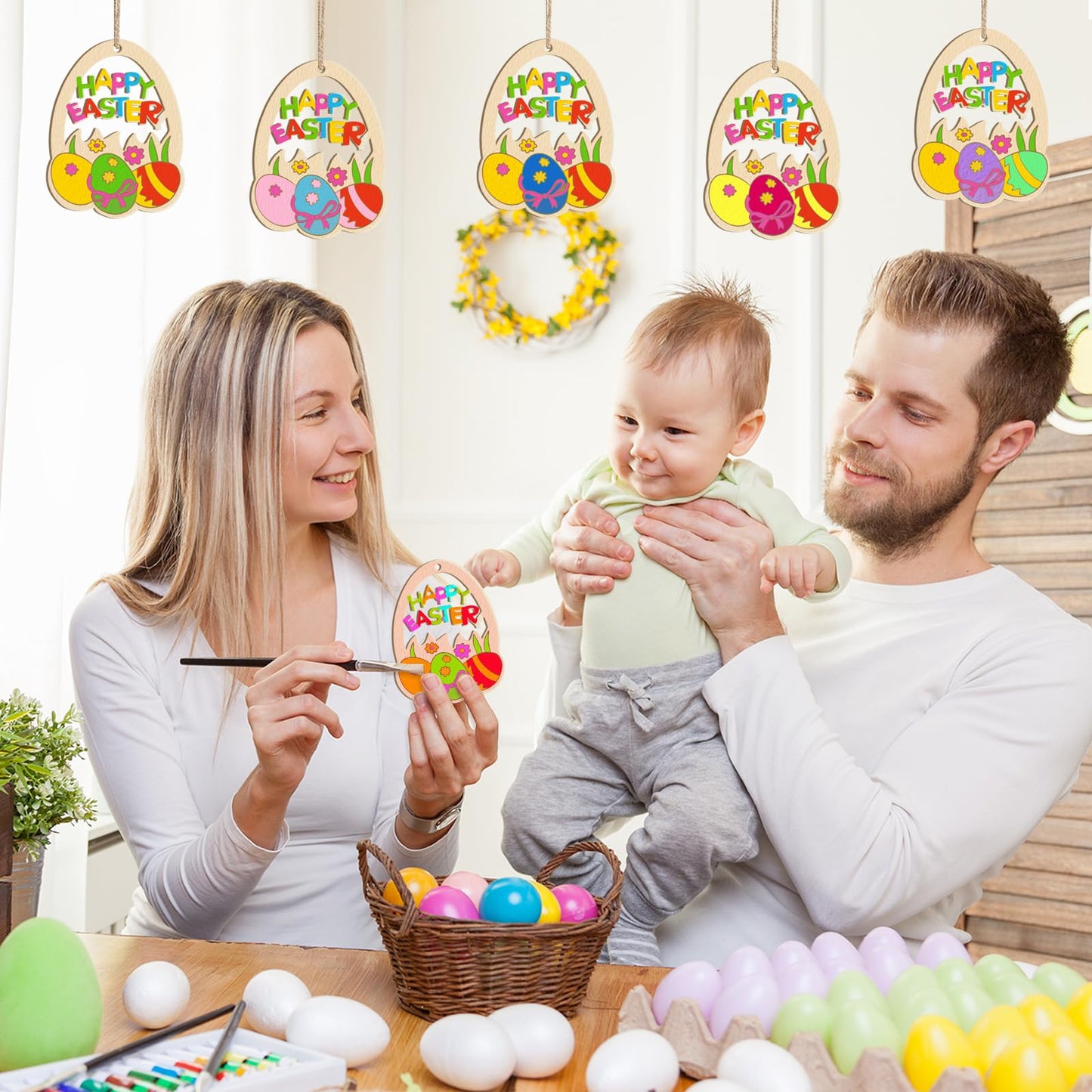 Wooden Easter Ornaments to Paint Spring Decoration Happy Easter Cutouts Unfinished 24PCS 3.5 inches, DIY Blank Unfinished Christmas Tree Wood Discs Ornament for Home Crafts Hanging