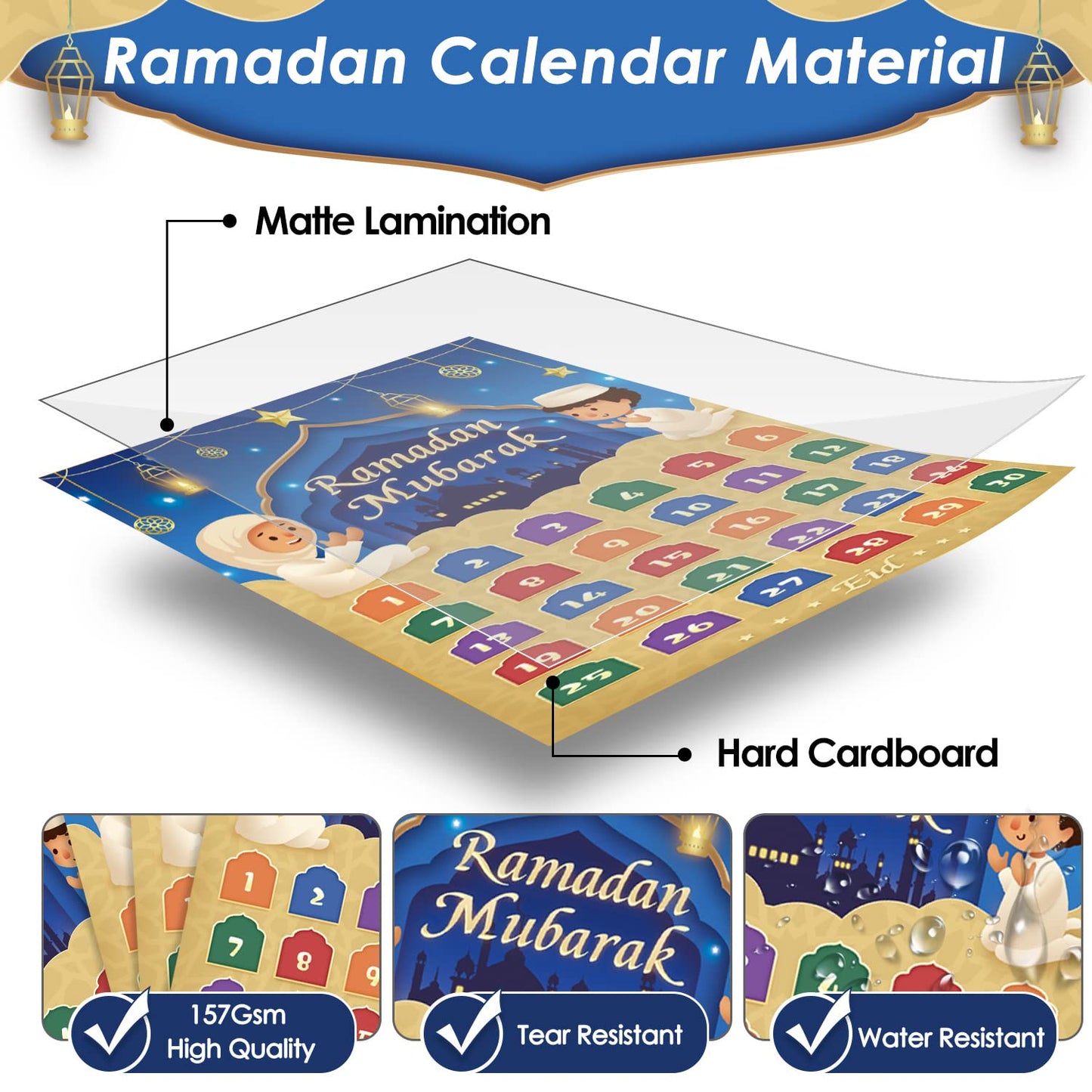 AhfuLife Ramadan Eid Mubarak Countdown Calendar Decoration for Kids, 2025 Eid Mubarak Gift Decorations, 30 Days and 30 Reusable Stars Eid Countdown Poster Wallchart for Home Kids Gift