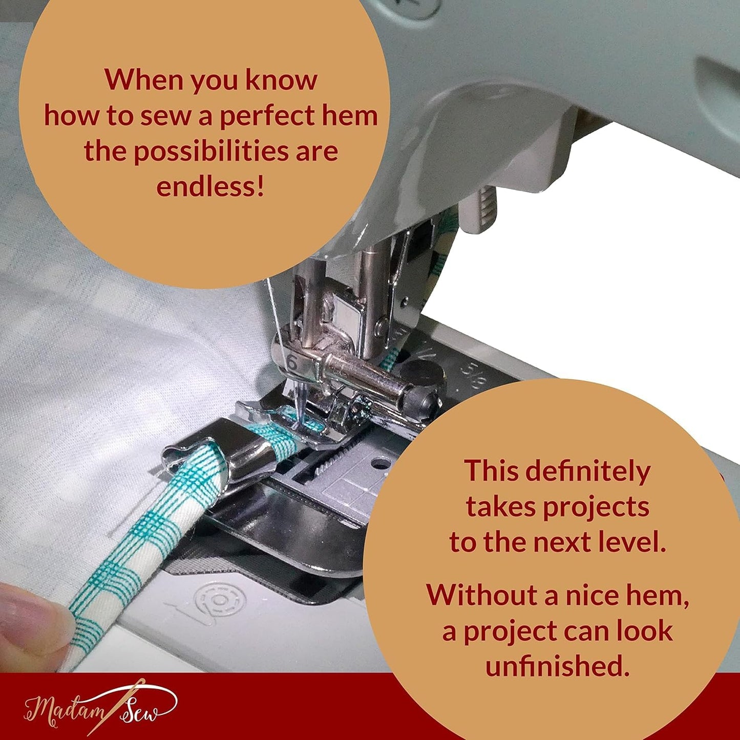 Madam Sew Rolled Hem Presser Foot Set – 3 Piece Wide Hemming Foot Kit Includes 1/2”, 3/4" & 1” Presser Feet – Rolled Hem Foot Compatible with Most Models of Singer, Brother, Babylock, Euro-Pro, Janome