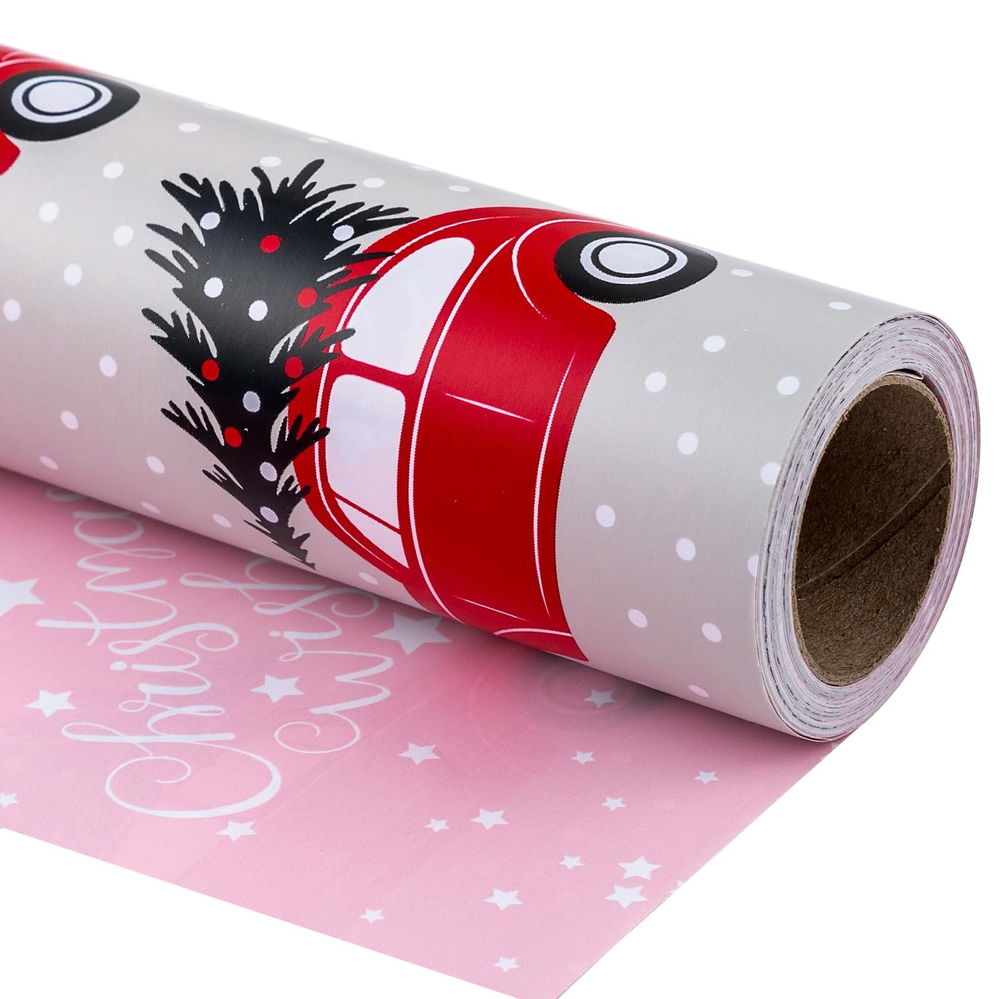 Reversible Wrapping Paper Roll, Mini Roll, Christmas Red Car and Christmas Wishes Pattern Gift Wrap Paper for Kids, Friends, Family, Xmas, Party, Holiday, 17.5 Inches X 32.8 Feet
