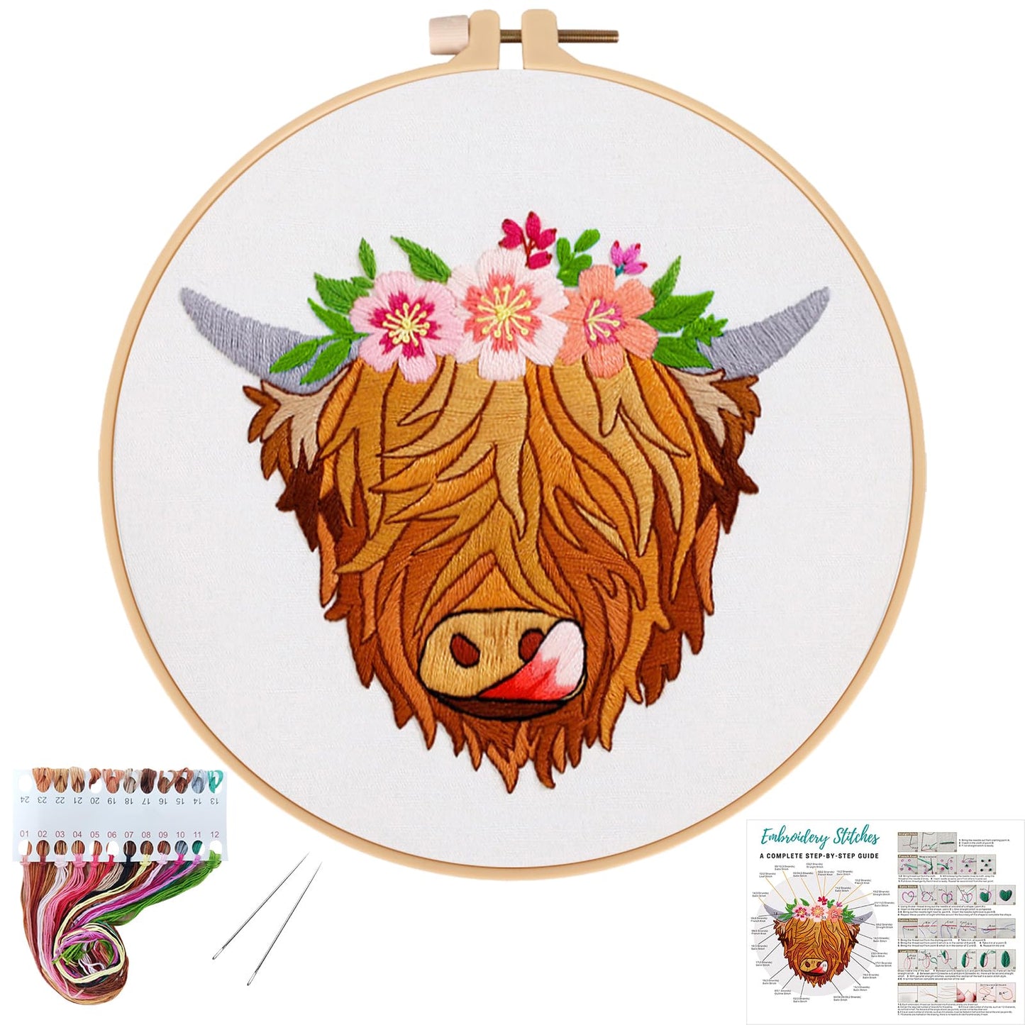 Louise Maelys Highland Cow Stamped Embroidery Kits for Beginners, Cross Stitch kit for Adults Include Instruction,Cloth,Hoop, Needles, Color Threads