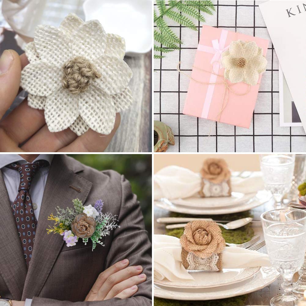 VGOODALL 32 PCS Natural Burlap Flowers Set, Burlap Bows and Scrapbook Embellishments for Wedding Party Decor Home, Embellishments for Crafts