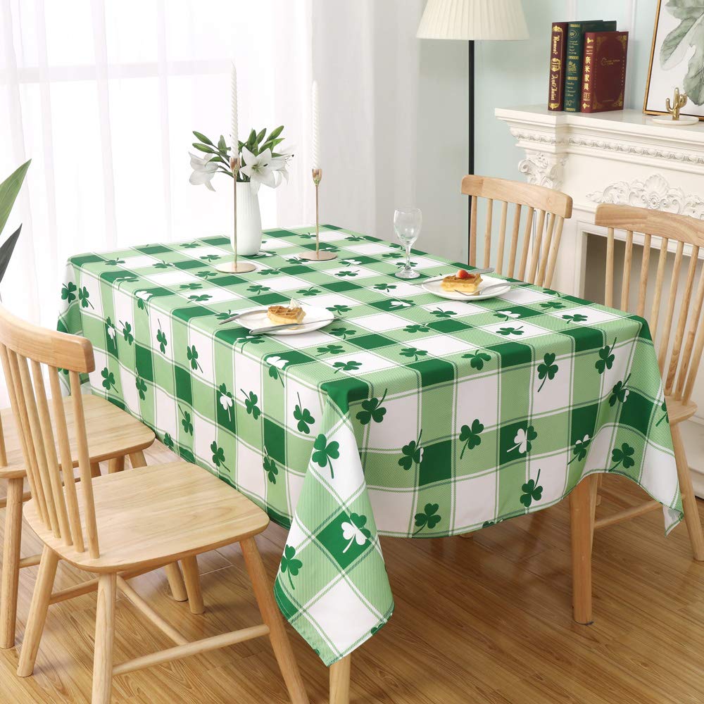 St. Patrick's Day Checkered Rectangle Tablecloth - Waterproof and Washable Holiday Green Shamrock Table Cloth Decorative Table Cover for Outdoor, Indoor Party Dining Room, 60 x 84 Inch