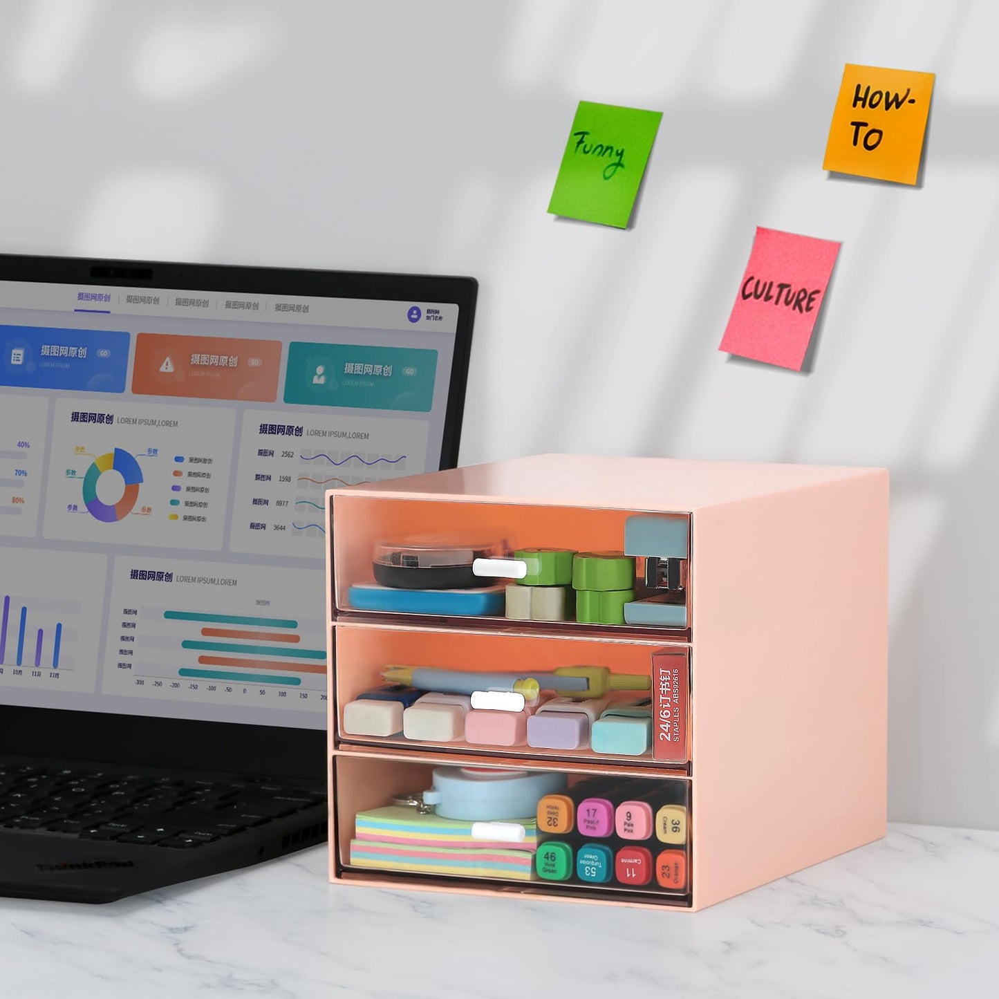 LETURE Desk Organizer with 4 Drawers, Clear Plastic Desk Storage Box, Desktop Organization for Office Supplies, Gel Pens, Pencils, Markers, Tape, Erasers, Paperclips, Chargers (Pink w 3Draws)