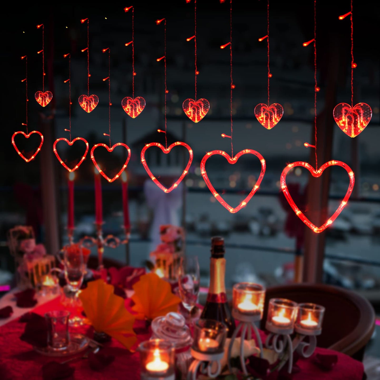 Valentines Decorations, Red Heart-Shaped 138 LEDs 12 Hearts String Lights Plug in with Remote, 8 Flashing Modes and Timer Function Window Curtain Light for Valentines Decorations