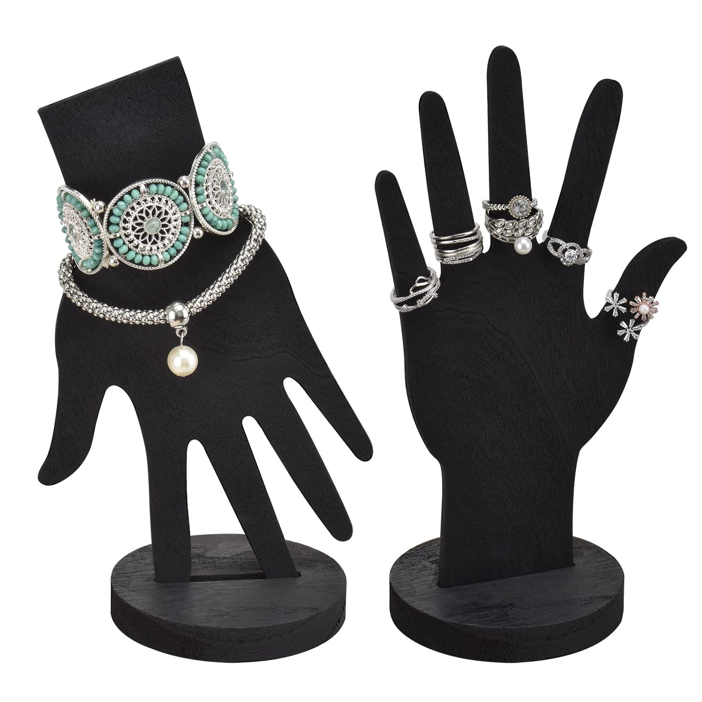 MOOCA 6-Piece Real Wooden Hand Form Jewelry Display Set, 2 Way Design for Wall Hanging or Standalone Mannequin Finger Hand Display, Premium Real Wood Sturdy Base, Black Color