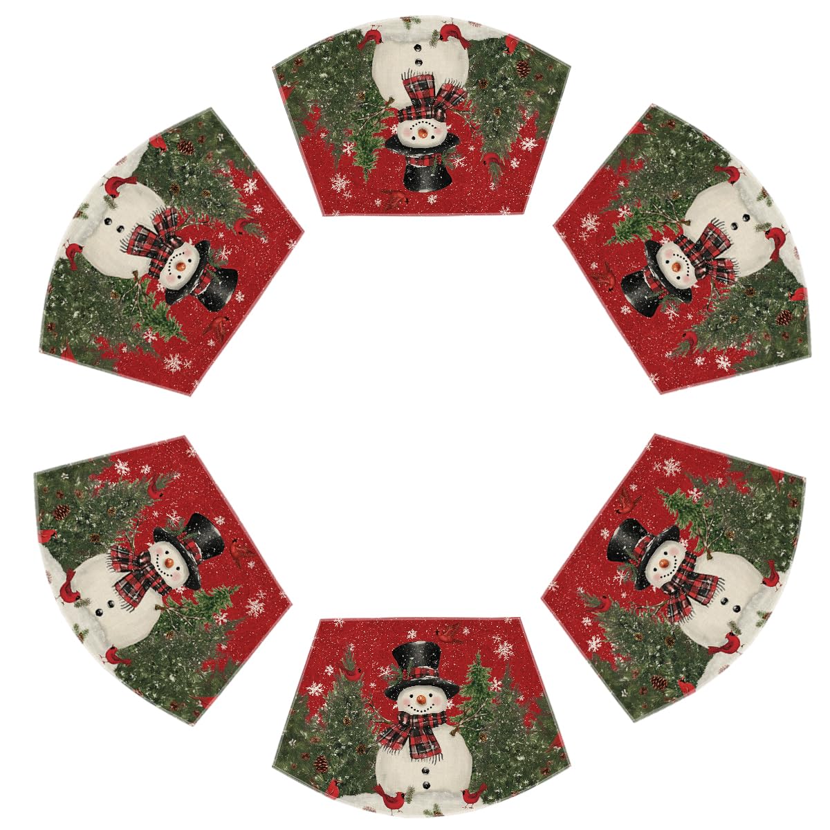Red Christmas Snowman Wedge Placemats for Round Table Set of 6, Winter Seasonal Kitchen Dining Table Decoration for Indoor Party Home