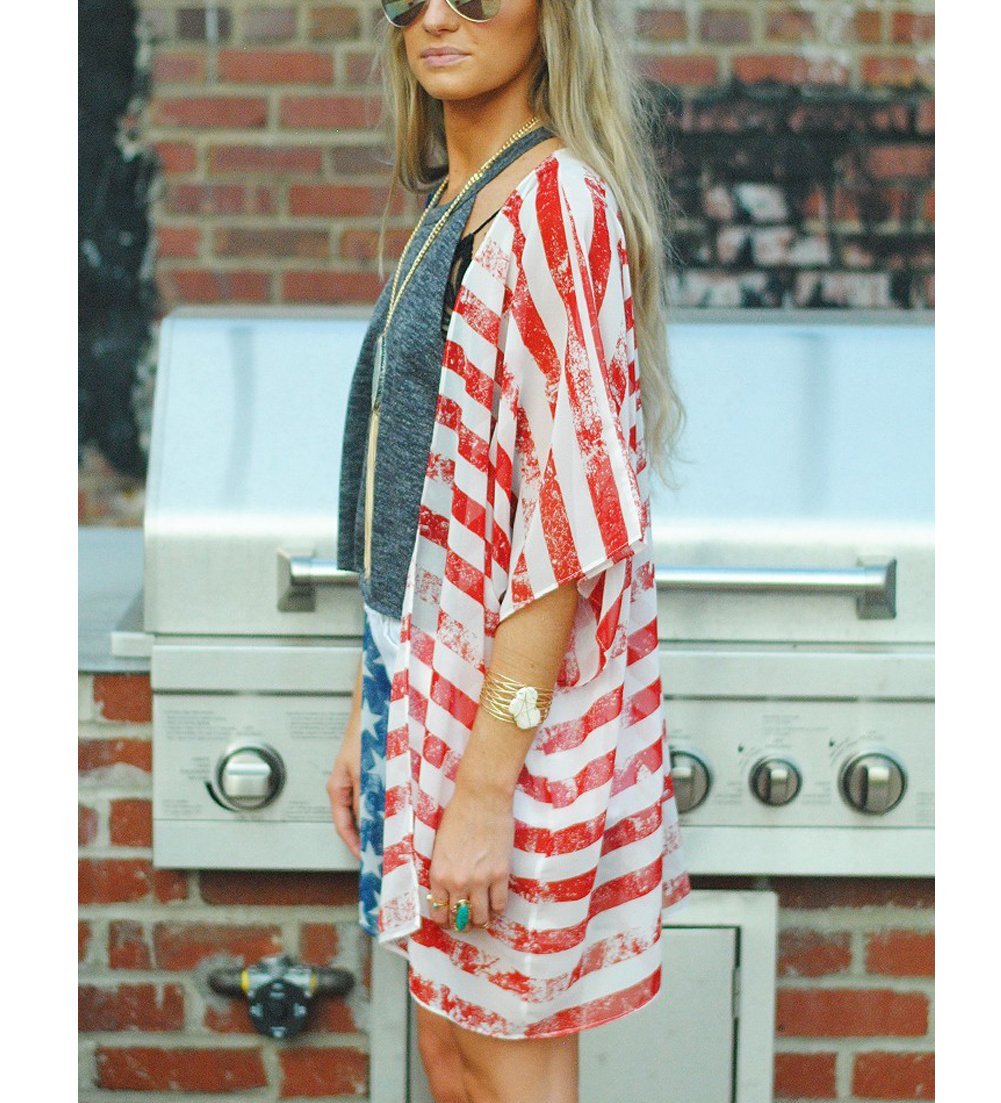 Askwind 4th of July Women's American Flag Print Kimono Cover Up Tops Shirt (A1)