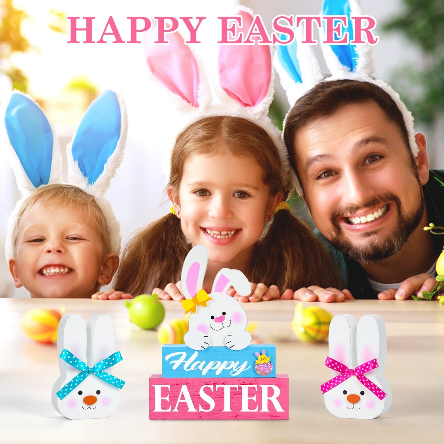 5 Pcs Easter Decorations for the Home Happy Easter Bunny Wooden Block Table Sign with 2 Wooden Easter Bunny Table Decor Set Rustic Spring Table Easter Decorations for Easter Holiday Tabletop Party