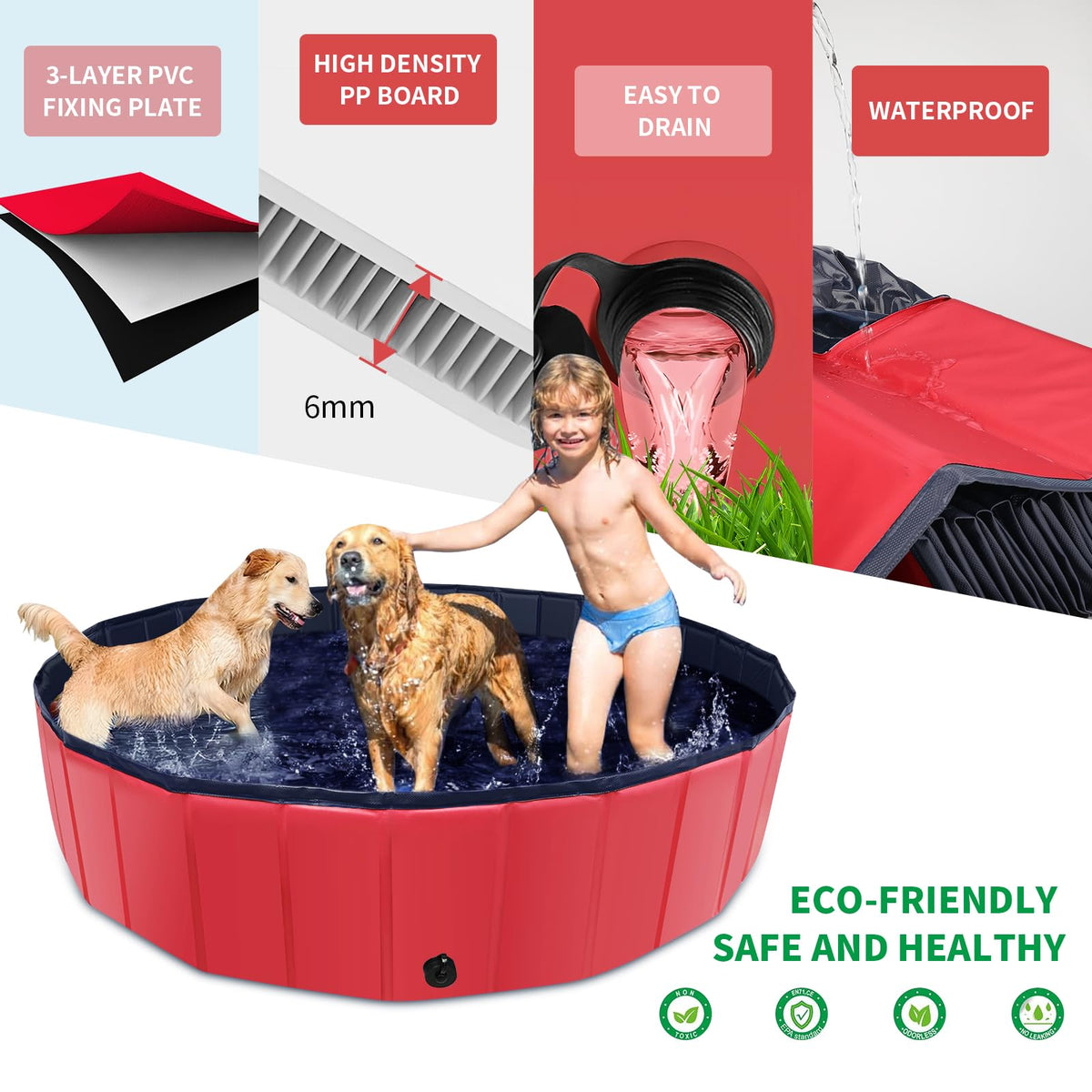 CACSPS Foldable Dog Pool, 32" x 8" Kiddie Pool with Hard Plastic, Non-Slip Dog Bath Tub for Outdoor Backyard, Collapsible Dog Swimming Pool for Kids Dogs Pets (Red)