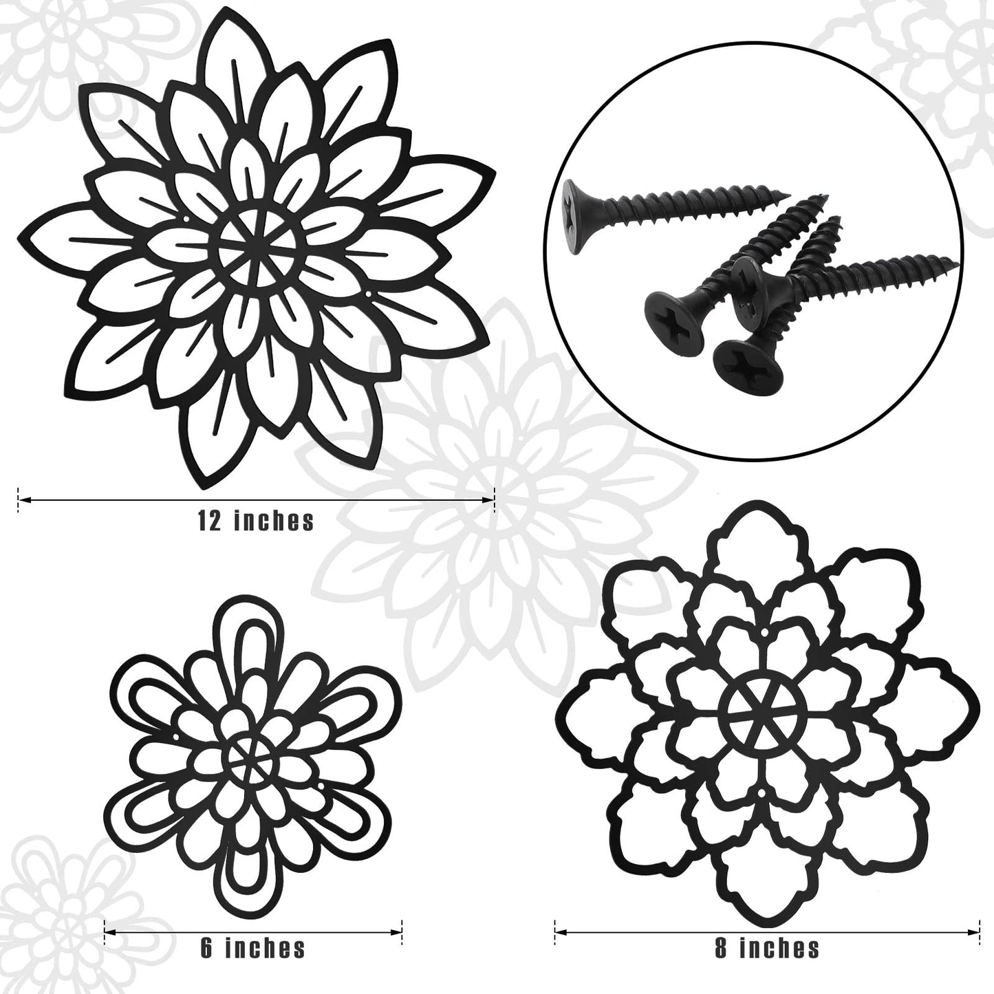 Moxweyeni 3 Pieces Metal Flowers Wall Decoration, Metal Rustic Wall Art Decoration Farmhouse Wall Decorations Multiple Floral Hanging Decoration for Bathroom Home Office(Black, Modern Style)