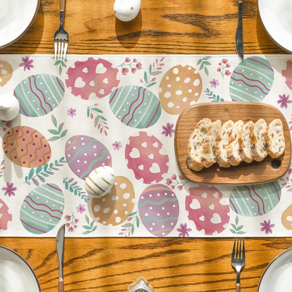 Watercolour Easter Eggs Table Runner, Seasonal Spring Kitchen Dining Table Decoration for Home Party Decor 13x72 Inch