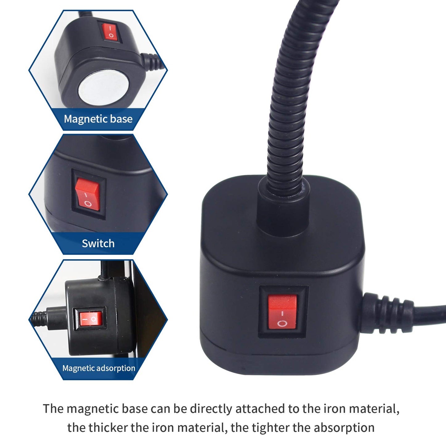 Led Magnetic Work Light 300mm Flexible Gooseneck lamp 500 Lumens 120 Volt for Sewing Machine Lathe Milling Drill Press Industrial Lighting