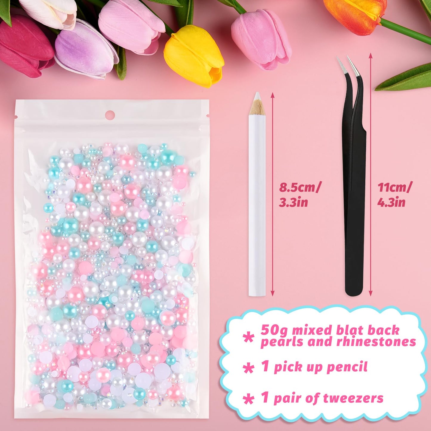 ASTARON 50g Mix Flatback Rhinestones Half Pearls for Crafts Mixed Size 3mm-10mm Flat Back Rhinestones for Crafts Flatback Pearls for Decorating Tumblers Mugs Nail Art Shoes (Pink Blue Series)