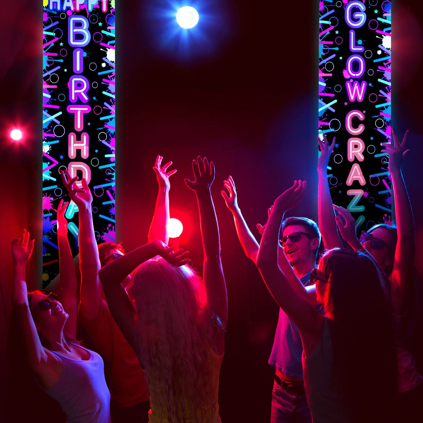 Tegeme Glow in the Dark Party Supplies Neon Happy Birthday Banner Crazy Porch Sign Glow Party Backdrop for Black Light Neon Themed Birthday Party Decorations
