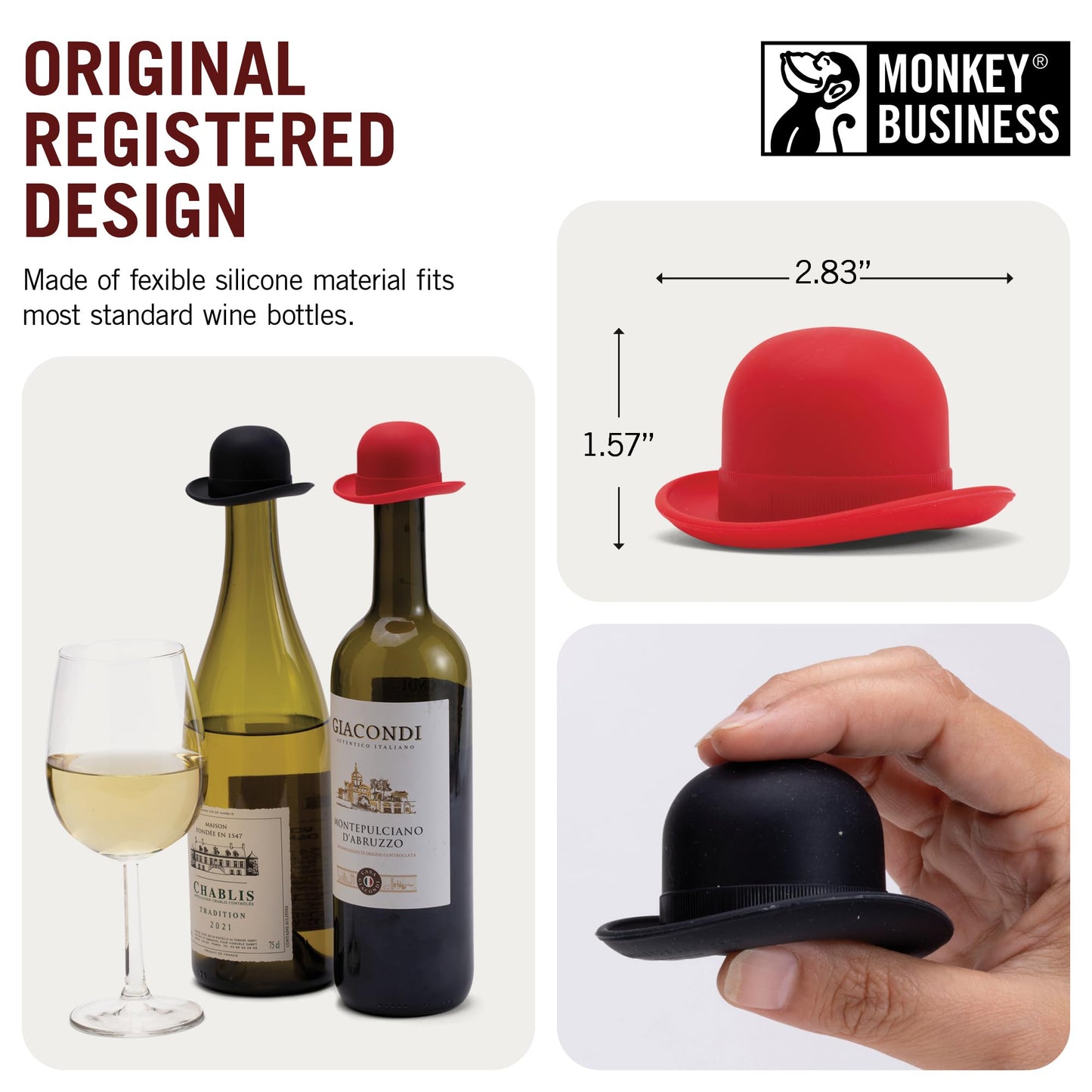 Monkey Business Silicone Wine Stopper | Seals Bottle and Keeps Wine Fresh/Cute Wine Accessories/Kitchen Gadgets/Bowler Hat Bottle Stopper (Set of 2)