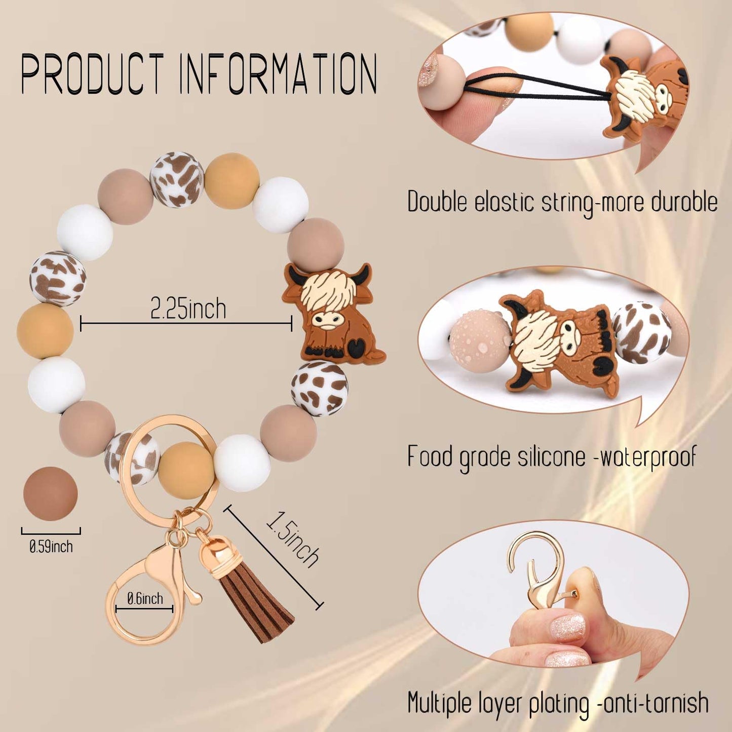 BAOSIWA Christmas Highland Cow Keychain Gifts for Women, Silicone Beaded Keychain Wristlet Key Ring Bracelet Cute Animal Car Key Chain Holder with Leather Tassel
