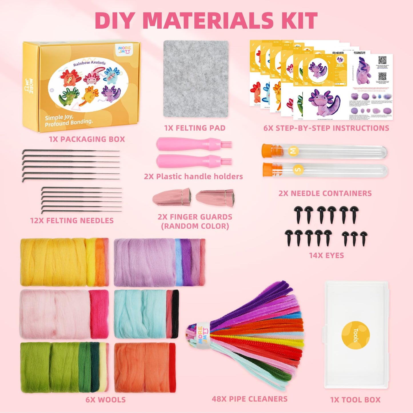 Needle Felting Kit, 6 PCS Animal Needle Felting Beginner Kits, Wool Felt Needle Felting Tools Foam Pad, Craft Party Supplies for Beginners Adult(6pack Axolotl)