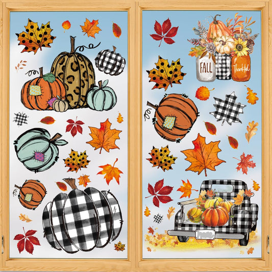 Horaldaily 108 PCS Fall Window Cling Sticker, Thanksgiving Autumn Harvest Colorful Pumpkin Truck Leaves for Home Party Supplies Shop Window Glass Display Decoration