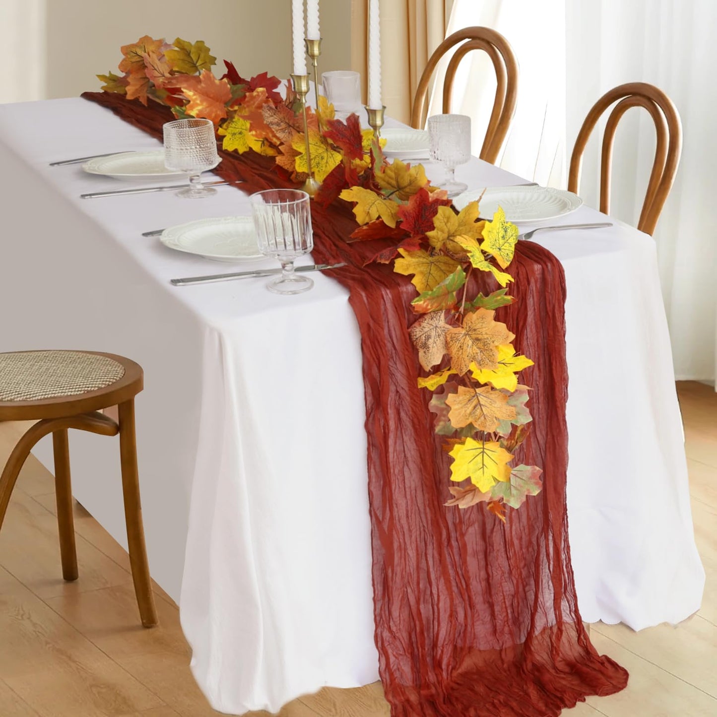 Fall Table Runner, 10FT Thanksgiving Cheesecloth Table Runner 35*120inch Terracotta Table Runners for Fall Wedding Baby Shower Friendsgiving Thanksgivig Home Kitchen Table Decorations