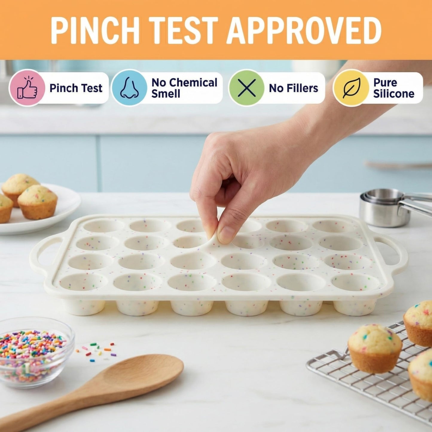 BAKE BOSS Mini Muffin Pan Silicone 24 Cup 2 Pack – Metal Reinforced Frame Nonstick Silicone Molds for Baking Muffins, Egg Bites & Cupcakes – LFGB BPA-Free, Dishwasher Safe, Cream