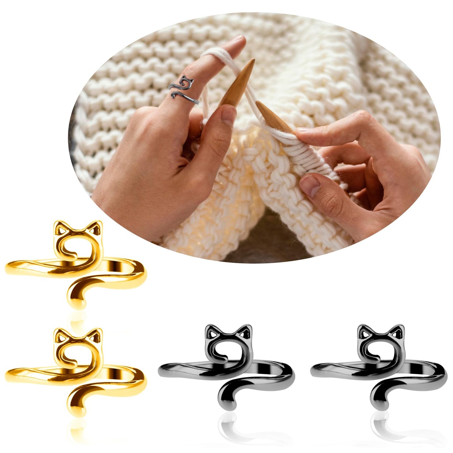 Knitting Crochet Loop Ring for Fingers Metal Open Yarn Guide Crochet Rings Adjustable Braided Faster Knitting Thimbles Holders Accessories (2Black,2Gold)
