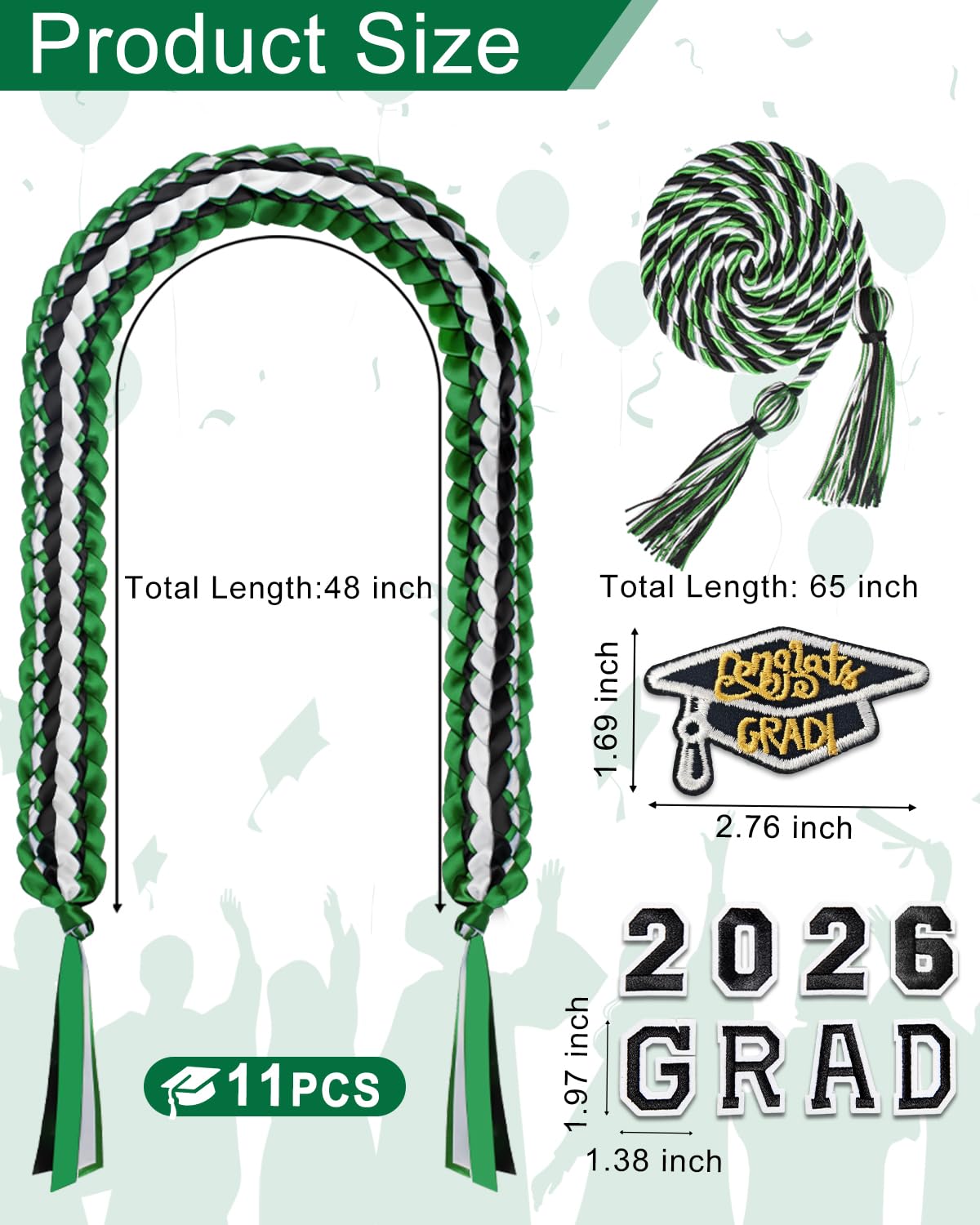 Yigney Graduation Lei Set Class of 2026 Grad Ribbon Leis with Honor Cord Double Braided Graduate Leis for Men Women Green Black White