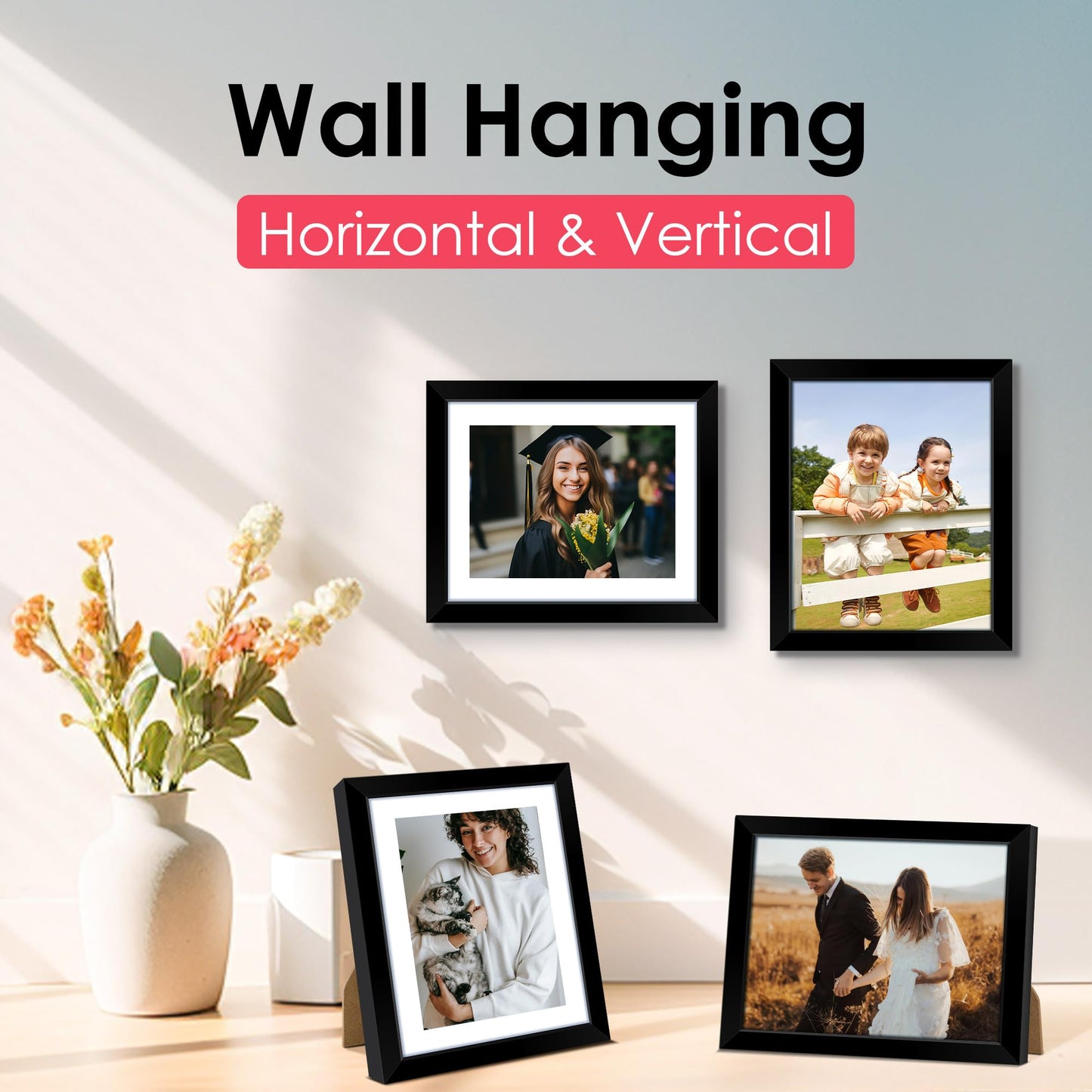 8x10 Picture Frame, Black Photo Frame with HD Plexiglass, Display Pictures 5x7 with Mat or 8x10 Without Mat, Picture Frames Collage for Tabletop or Wall Display, 2 Pack