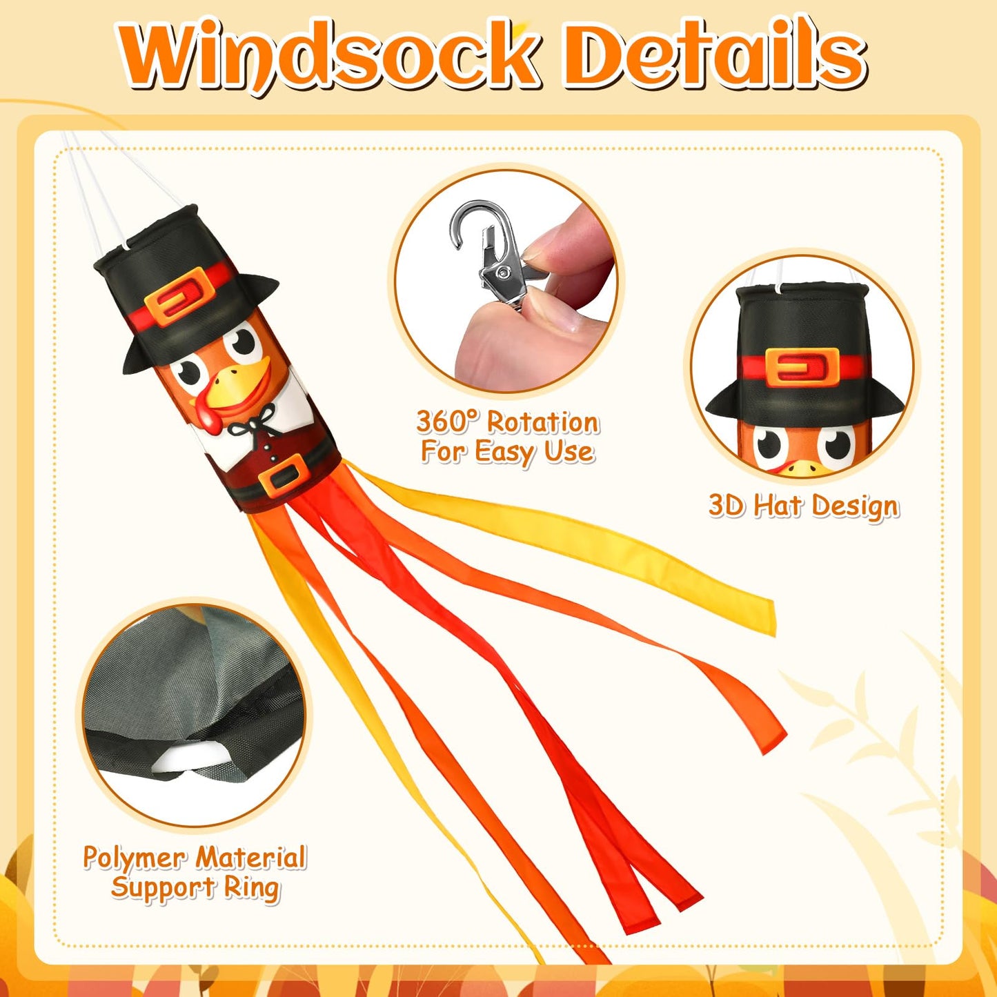 2 Pcs 40 Inch Turkey Windsocks, Fall Turkey Wind Sock Thanksgiving Outdoor Hanging Flag Autumn Outside Decorations for Garden Lawn Yard Balcony Patio Decor