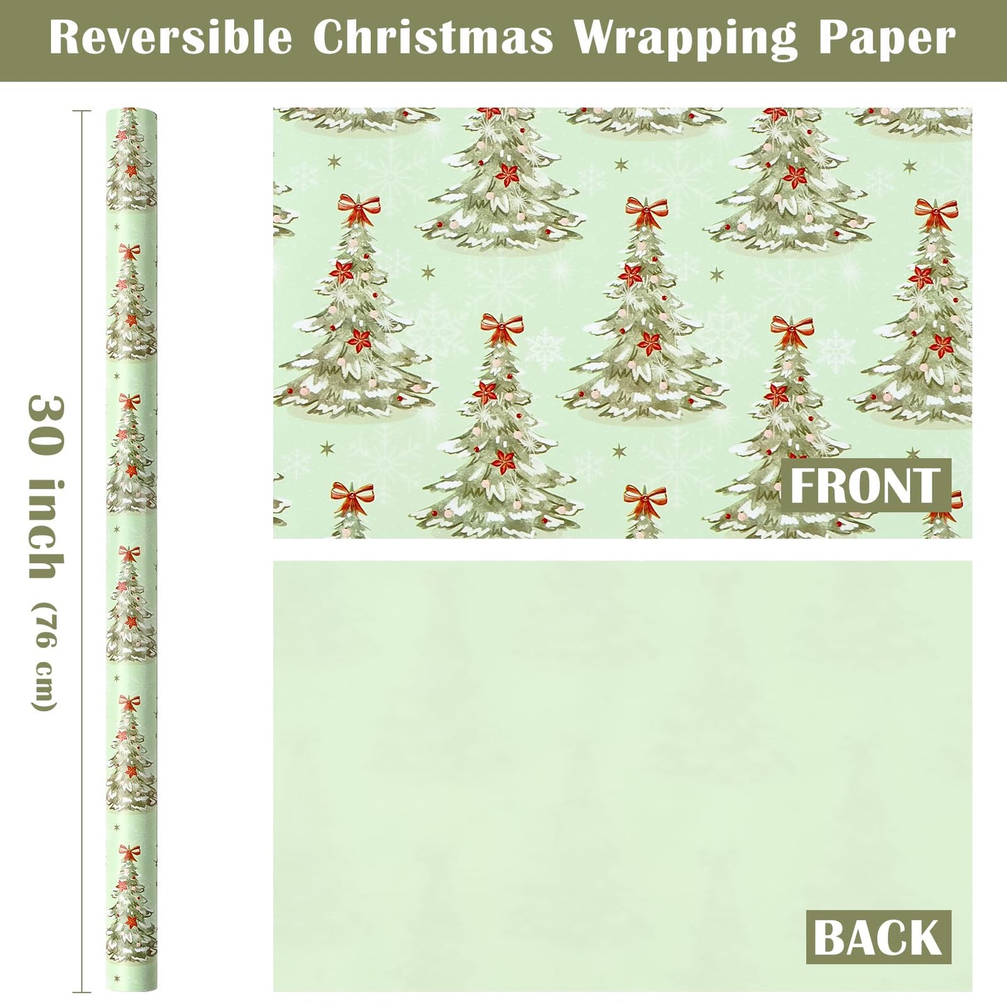 30 Inch Jumbo Reversible Christmas Wrapping Paper - 30 Inch x 33 Feet - Light Green Christmas Tree Wrapping Paper for Xmas Holiday, Party Celebration